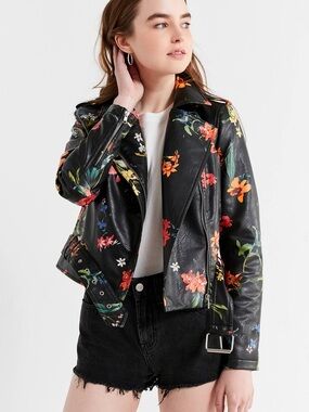 Bagatelle Floral Faux Leather Moto Jacket Size M Black Belted Biker Jacket
